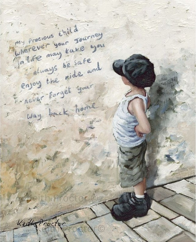 Precious Child hand embellished canvas board by Keith Proctor showing a young boy in a flat cap and oversized boots reading a heartfelt message about love and home