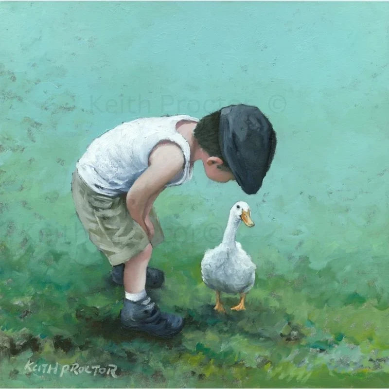 Say Hello To My Little Friend hand embellished canvas board by Keith Proctor featuring a young boy in a flat cap bending down to greet a white duck.