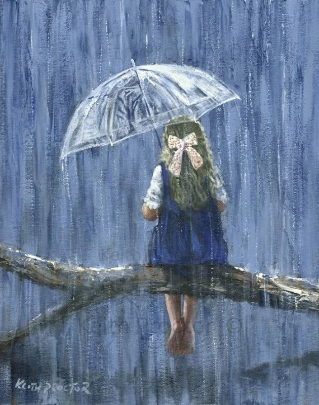 Singing In The Rain hand embellished canvas board by Keith Proctor showing a little girl in a blue pinafore sitting on a wooden fence beneath a transparent umbrella in the rain.