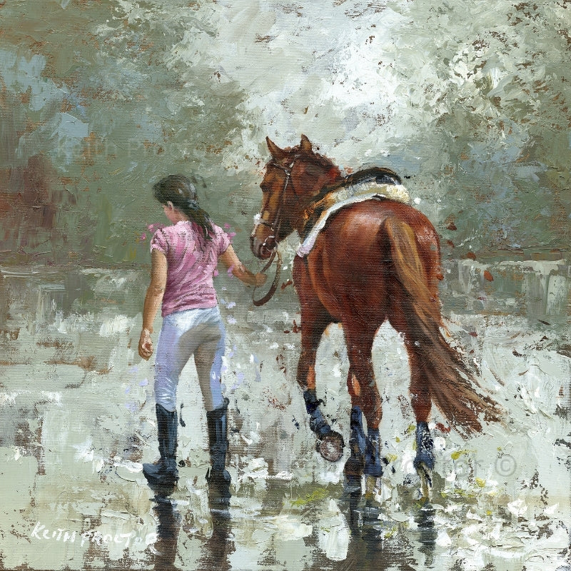  Sunday Morning hand embellished canvas board by Keith Proctor showing a young girl in pink riding clothes leading a chestnut horse along a puddle-covered country lane.
