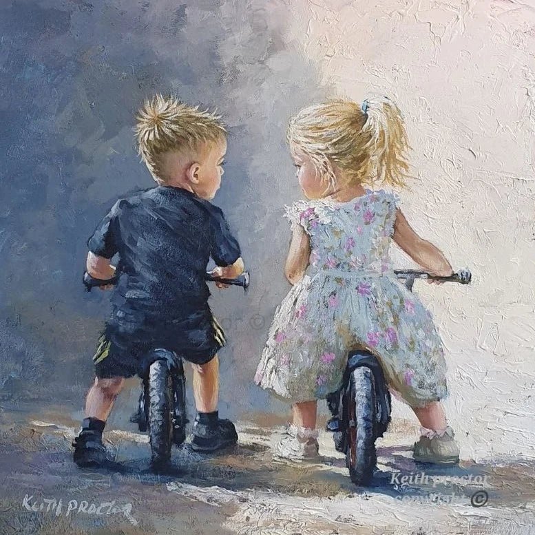 Sweet Nothings hand embellished canvas board by Keith Proctor showing a young boy and girl sitting side by side on balance bikes, sharing a quiet moment together.