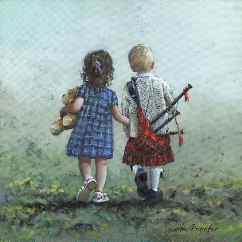 The World Will End But Love And Music Will Endure hand embellished canvas board by Keith Proctor showing two children walking hand in hand, one carrying a teddy bear and the other wearing a Scottish kilt with bagpipes.