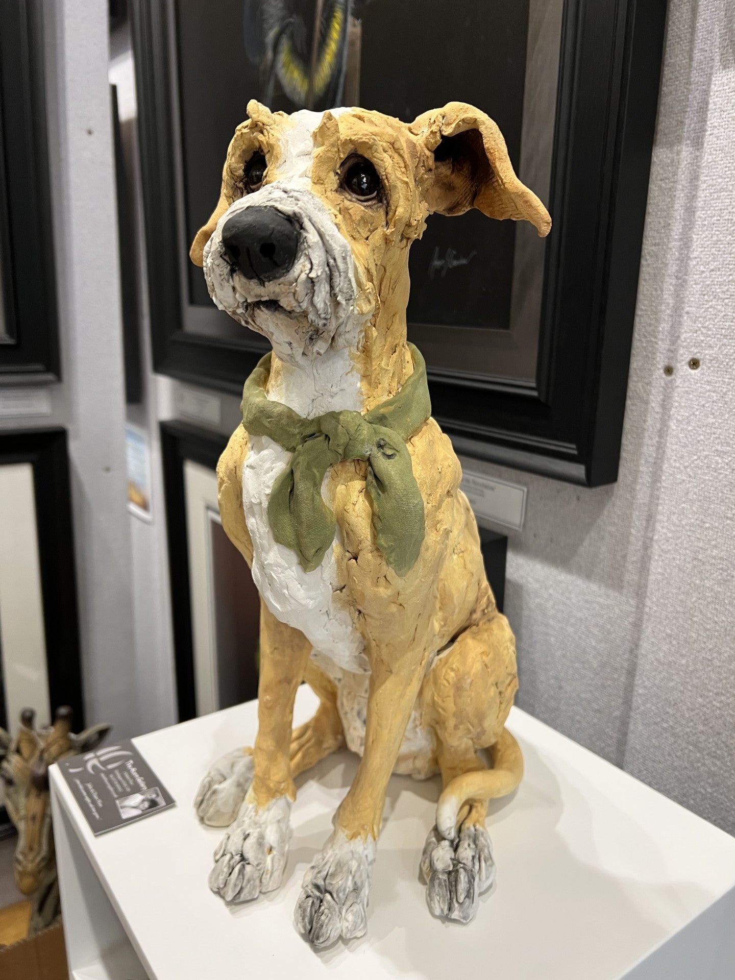 LLouise Brown Lurcher Green Bow On The Right Original Sculpture - The Acorn Gallery, Pocklington