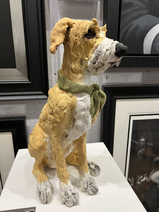 Louise Brown Lurcher Green Bow On The Right Original Sculpture - The Acorn Gallery, Pocklington