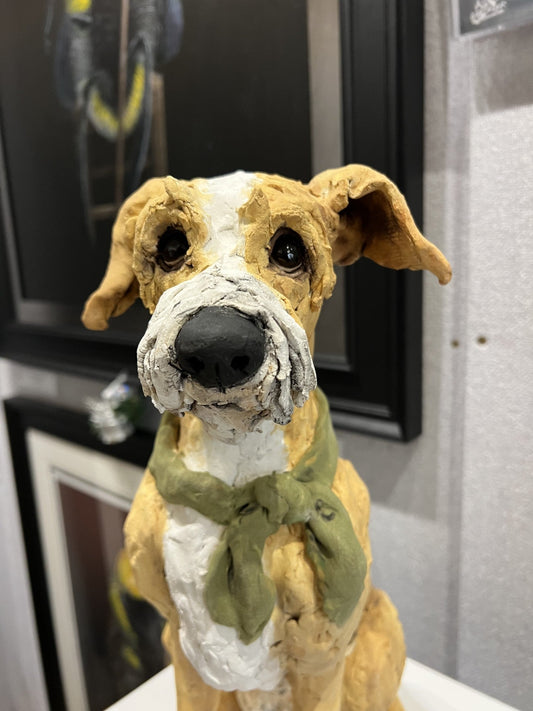 Louise Brown Lurcher Green Bow On The Right Original Sculpture - The Acorn Gallery, Pocklington