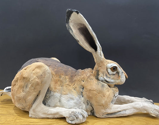 Louise Brown Hunched Hare Original Sculpture - The Acorn Gallery, Pocklington