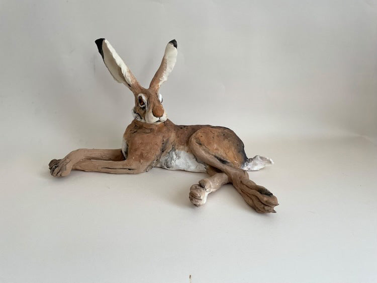 Louise Brown Lying Down Hare Paws Crossed Original Sculpture - The Acorn Gallery, Pocklington