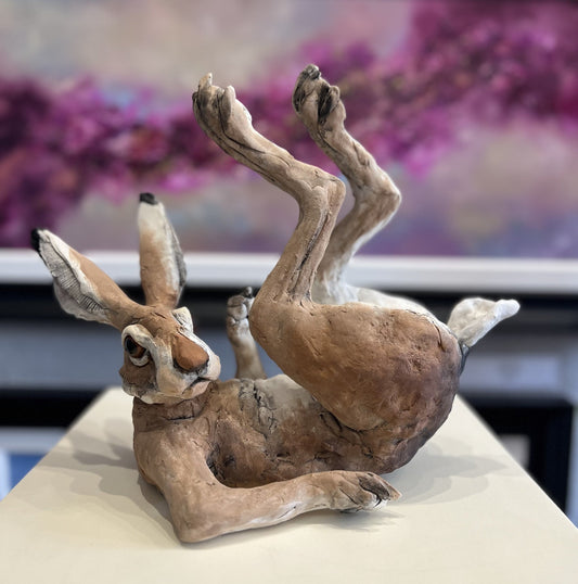 Louise Brown Frolicking Hare II Original available from The Acorn Gallery, Pocklington