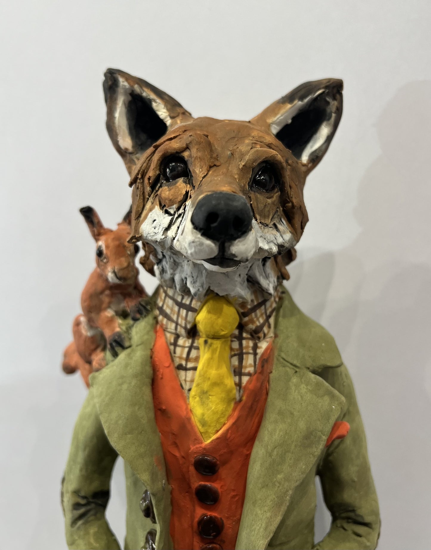 Dressed Fox with Squirrel ORIGINAL Sculpture by Louise Brown