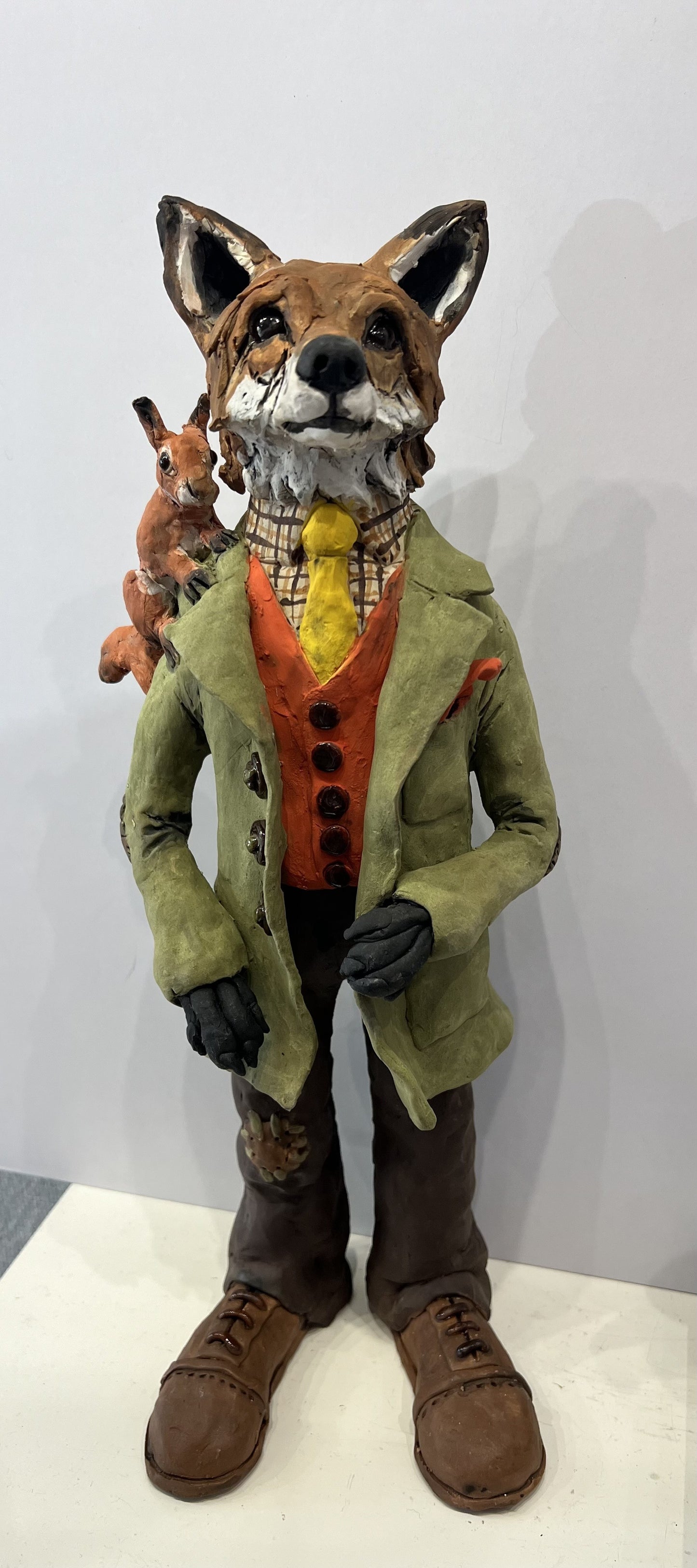 Dressed Fox with Squirrel ORIGINAL Sculpture by Louise Brown