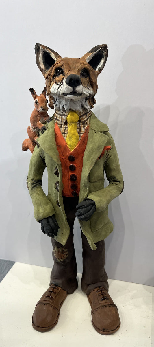 Louise Brown Dressed Fox with Squirrel ORIGINAL Sculpture available from The Acorn Gallery, Pocklington