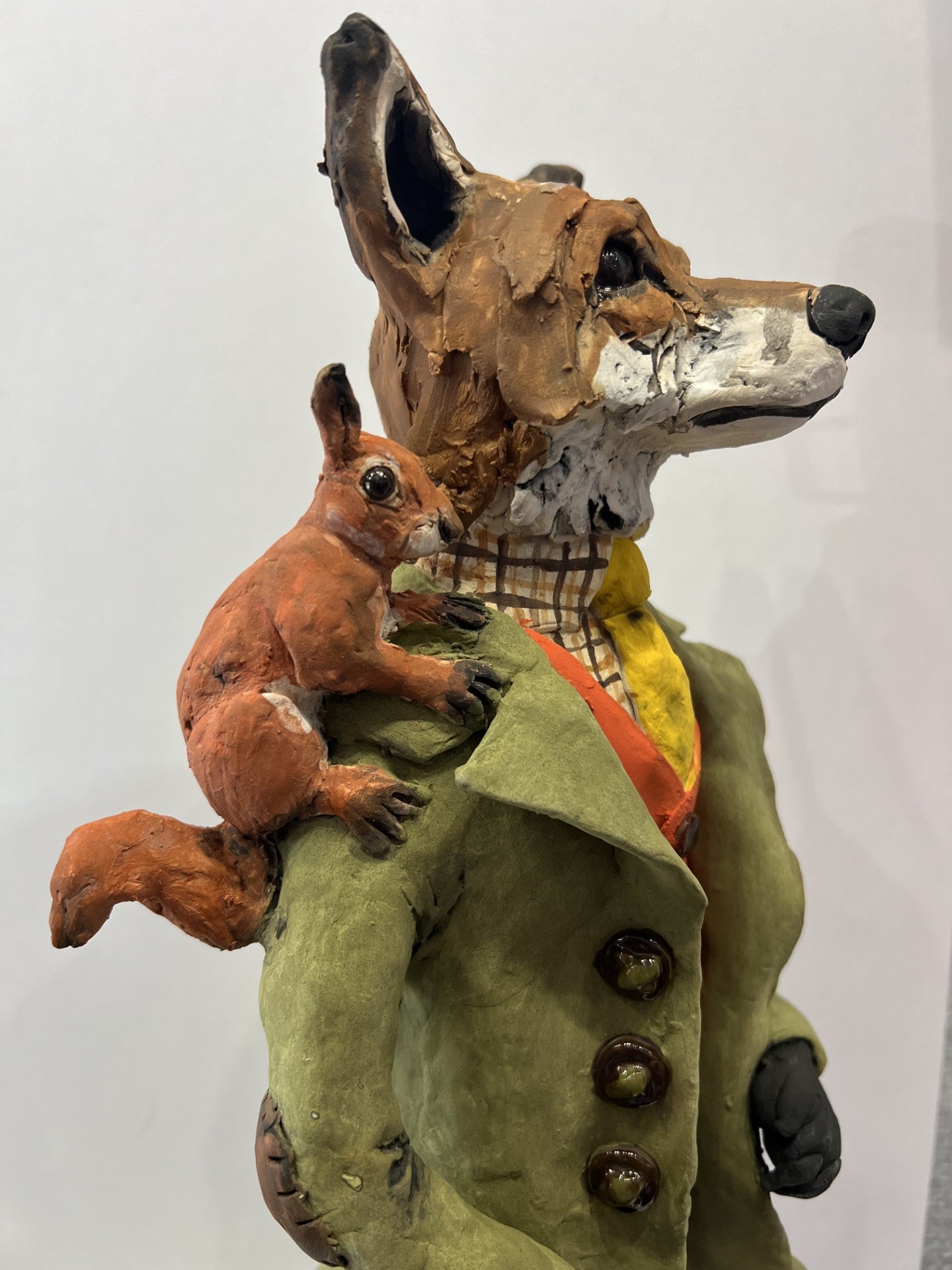 Dressed Fox with Squirrel ORIGINAL Sculpture by Louise Brown