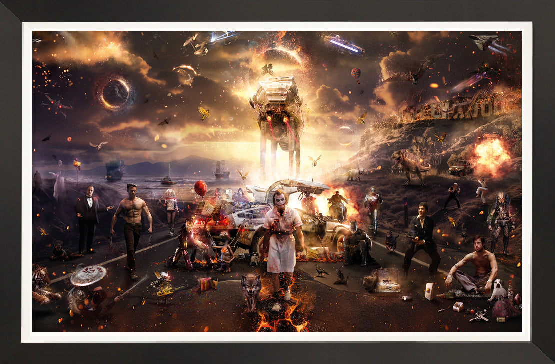 Limited edition panoramic print by Mark Davies, vivid cinematic mash-up with fiery skies, spacecraft, film characters and vehicles.