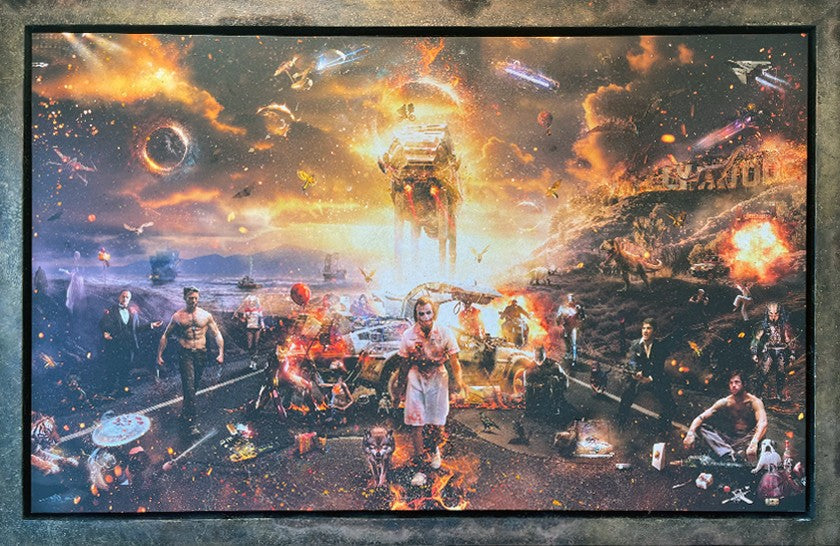 Mixed-media Mark Davies artwork with a vivid sci-fi movie mashup, fiery orange sky, characters and spacecraft in a detailed scene

