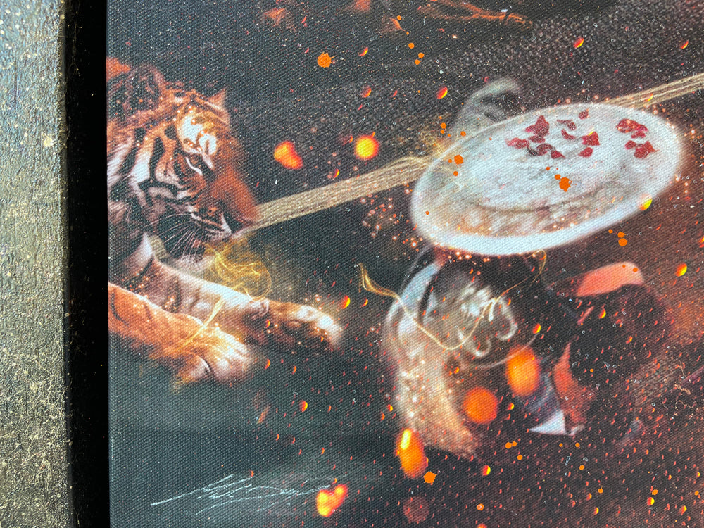 Mixed-media Mark Davies artwork with a vivid sci-fi movie mashup, fiery orange sky, characters and spacecraft in a detailed scene