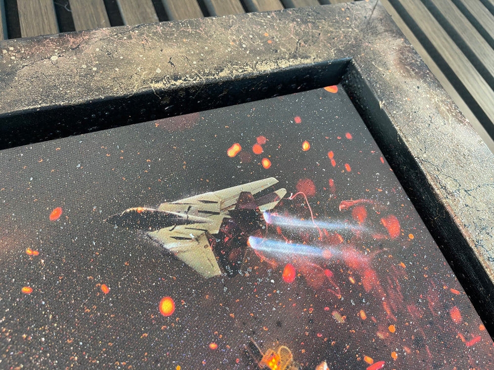 Mixed-media Mark Davies artwork with a vivid sci-fi movie mashup, fiery orange sky, characters and spacecraft in a detailed scene