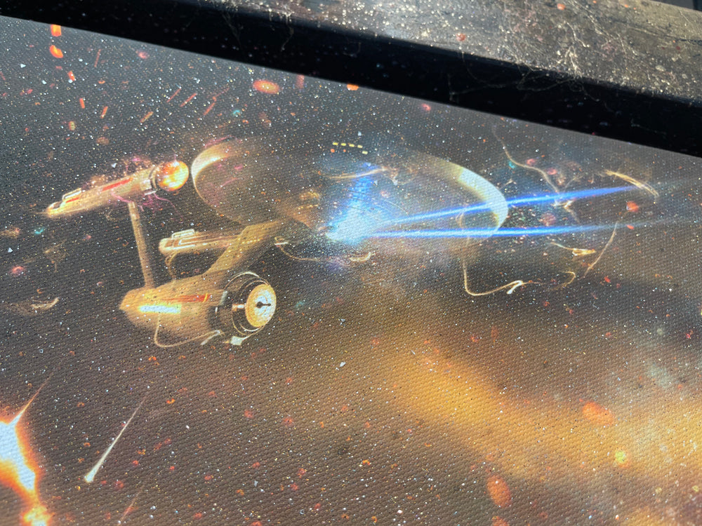 Mixed-media Mark Davies artwork with a vivid sci-fi movie mashup, fiery orange sky, characters and spacecraft in a detailed scene