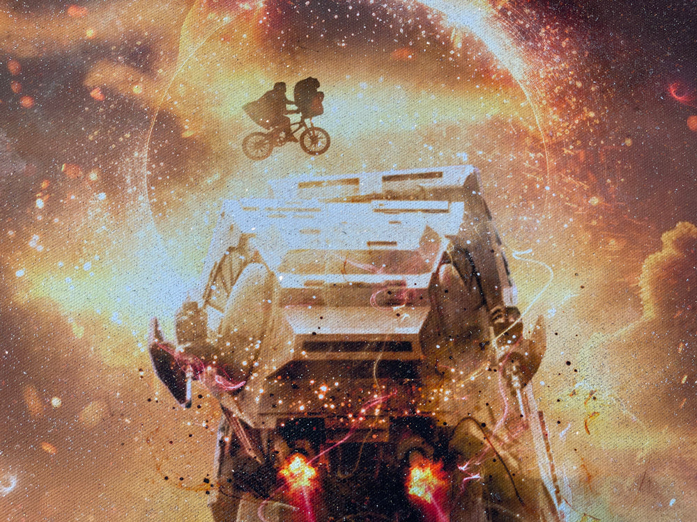 Mixed-media Mark Davies artwork with a vivid sci-fi movie mashup, fiery orange sky, characters and spacecraft in a detailed scene