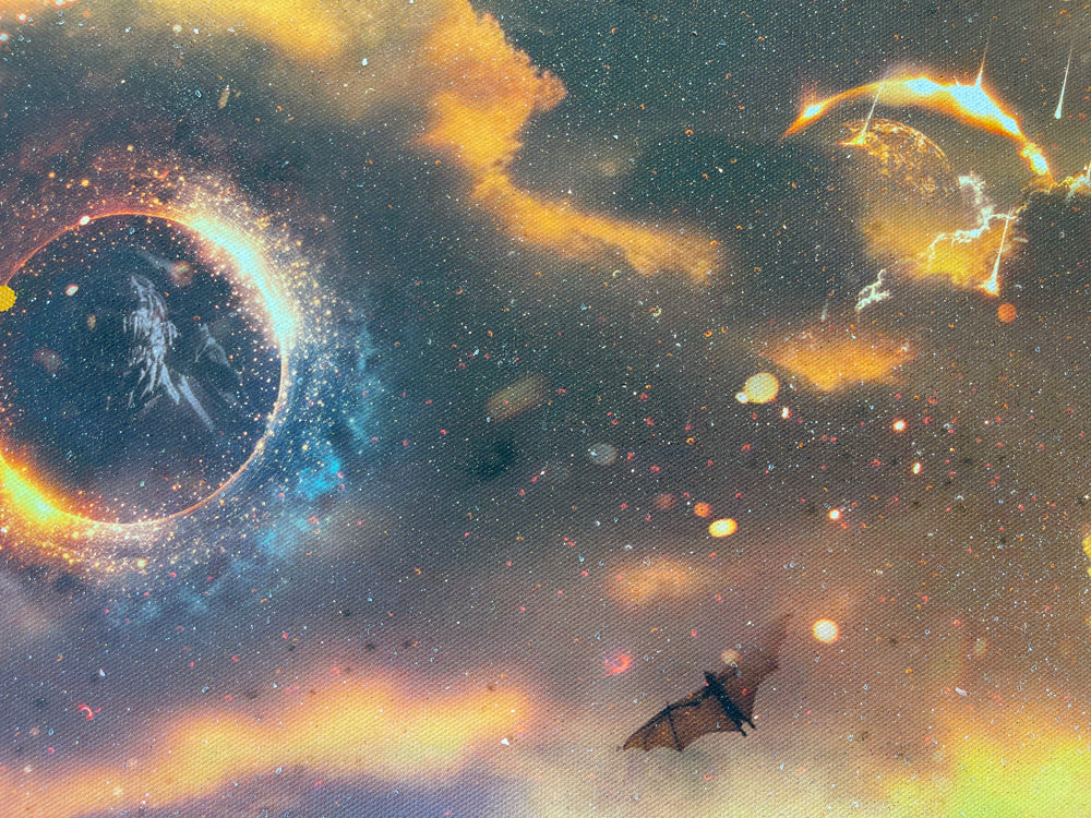 Mixed-media Mark Davies artwork with a vivid sci-fi movie mashup, fiery orange sky, characters and spacecraft in a detailed scene
