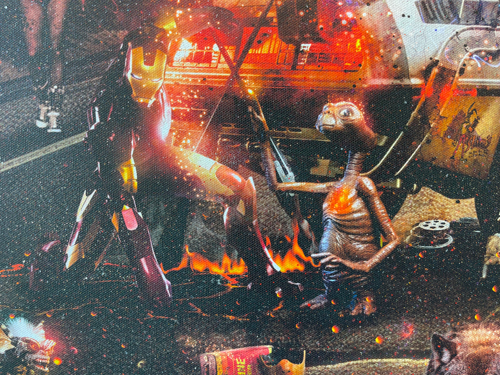 Mixed-media Mark Davies artwork with a vivid sci-fi movie mashup, fiery orange sky, characters and spacecraft in a detailed scene