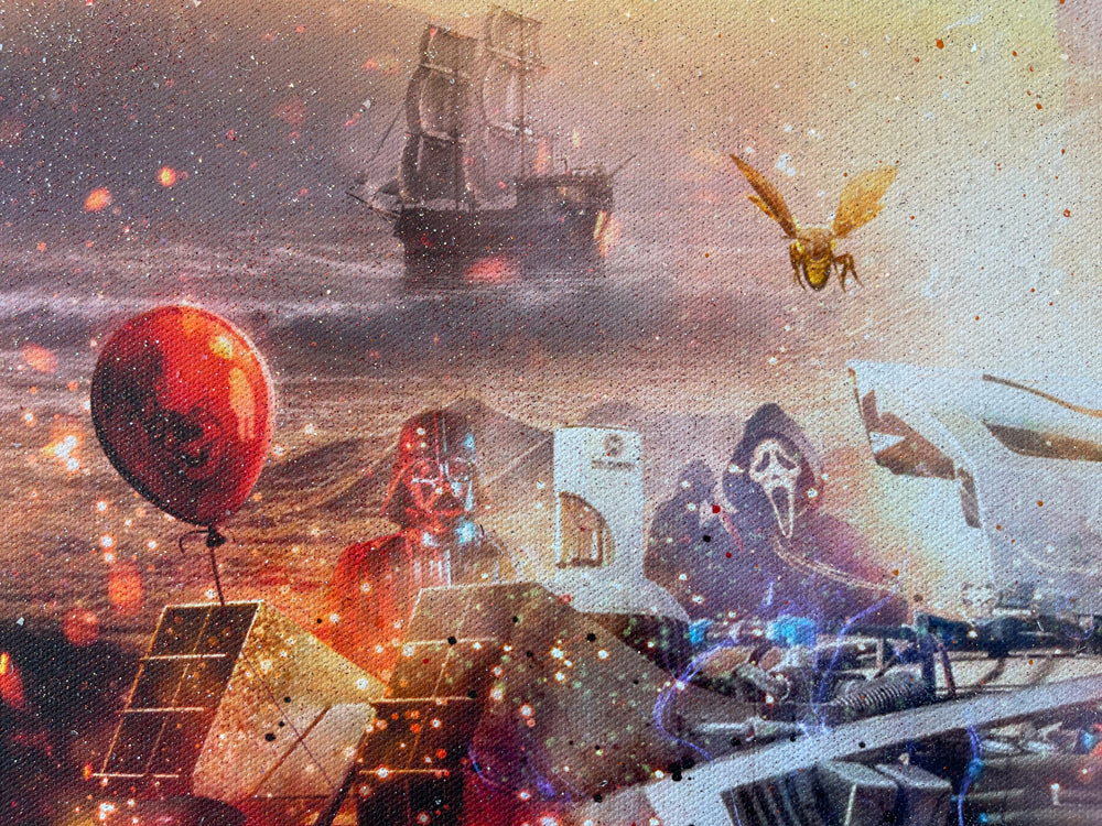 Mixed-media Mark Davies artwork with a vivid sci-fi movie mashup, fiery orange sky, characters and spacecraft in a detailed scene