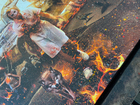 Mixed-media Mark Davies artwork with a vivid sci-fi movie mashup, fiery orange sky, characters and spacecraft in a detailed scene