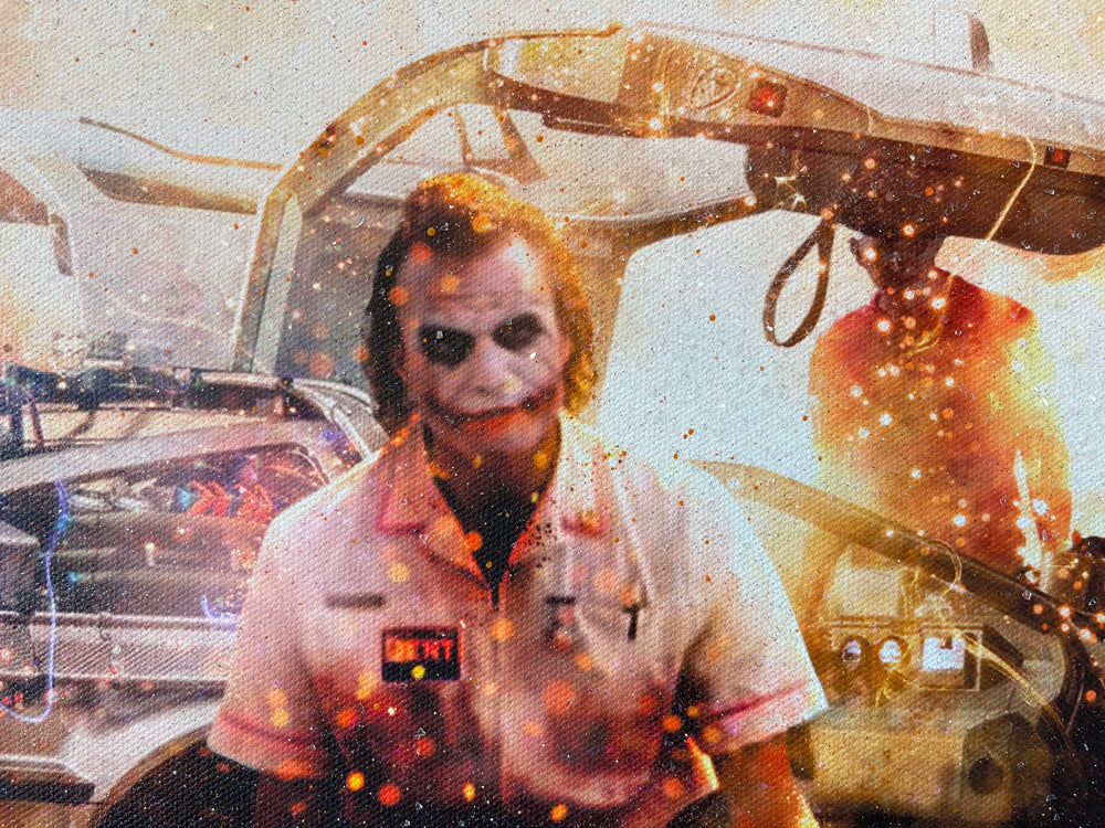 Mixed-media Mark Davies artwork with a vivid sci-fi movie mashup, fiery orange sky, characters and spacecraft in a detailed scene