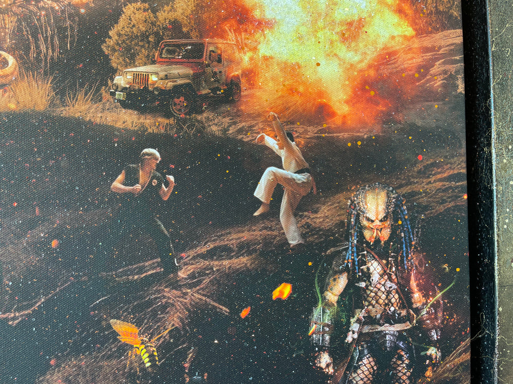 Mixed-media Mark Davies artwork with a vivid sci-fi movie mashup, fiery orange sky, characters and spacecraft in a detailed scene