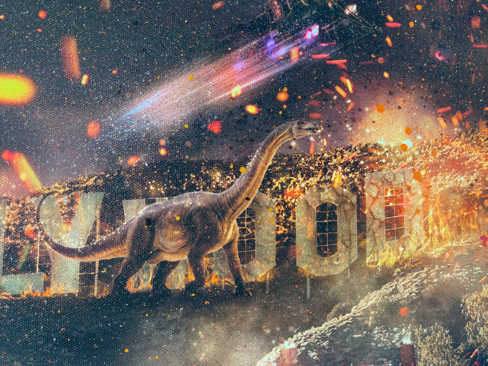 Mixed-media Mark Davies artwork with a vivid sci-fi movie mashup, fiery orange sky, characters and spacecraft in a detailed scene