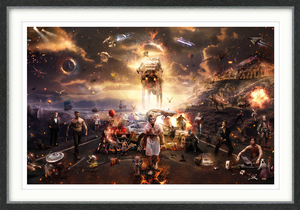 Limited edition panoramic print by Mark Davies, vivid cinematic mash-up with fiery skies, spacecraft, film characters and vehicles.