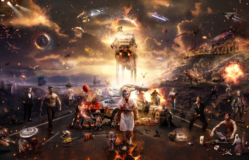 Limited edition panoramic print by Mark Davies, vivid cinematic mash-up with fiery skies, spacecraft, film characters and vehicles.