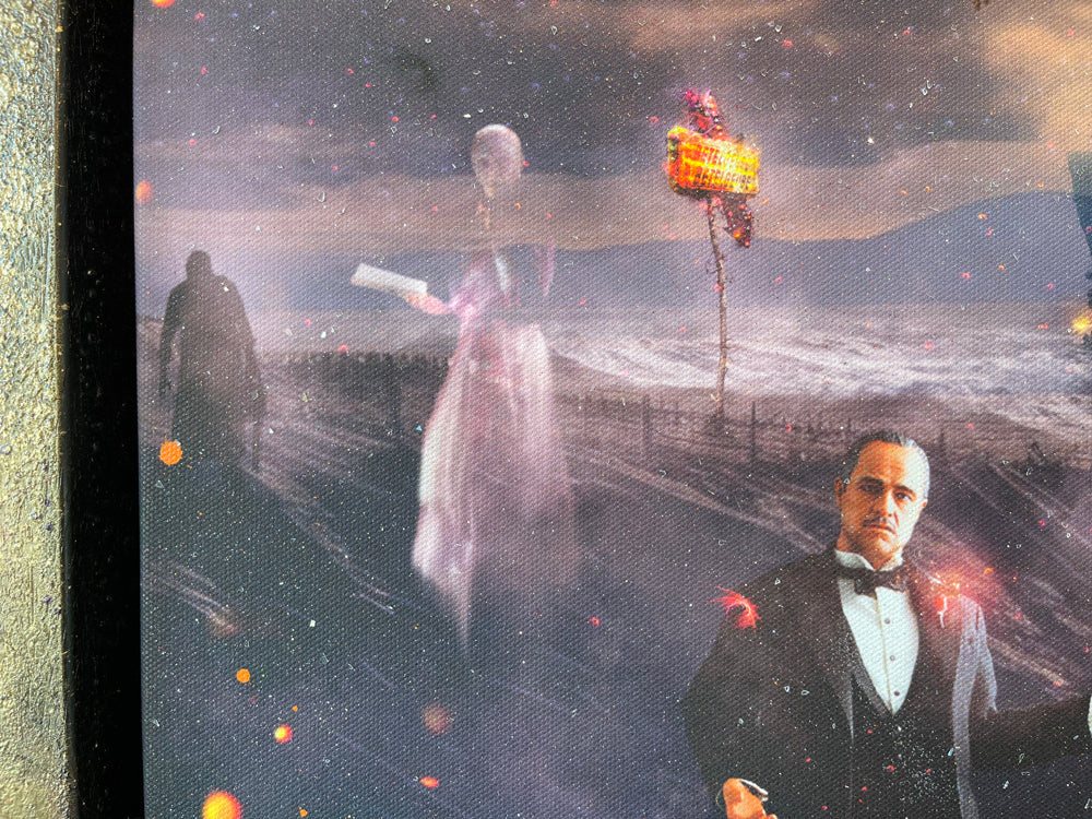 Mixed-media Mark Davies artwork with a vivid sci-fi movie mashup, fiery orange sky, characters and spacecraft in a detailed scene