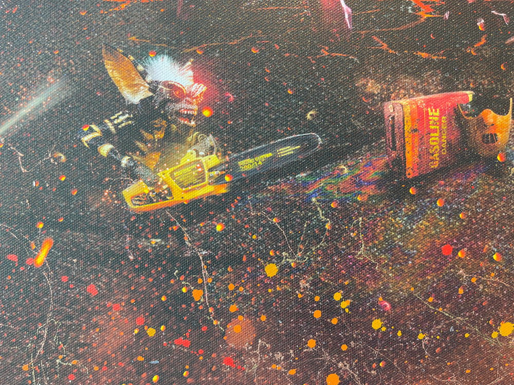 Mixed-media Mark Davies artwork with a vivid sci-fi movie mashup, fiery orange sky, characters and spacecraft in a detailed scene