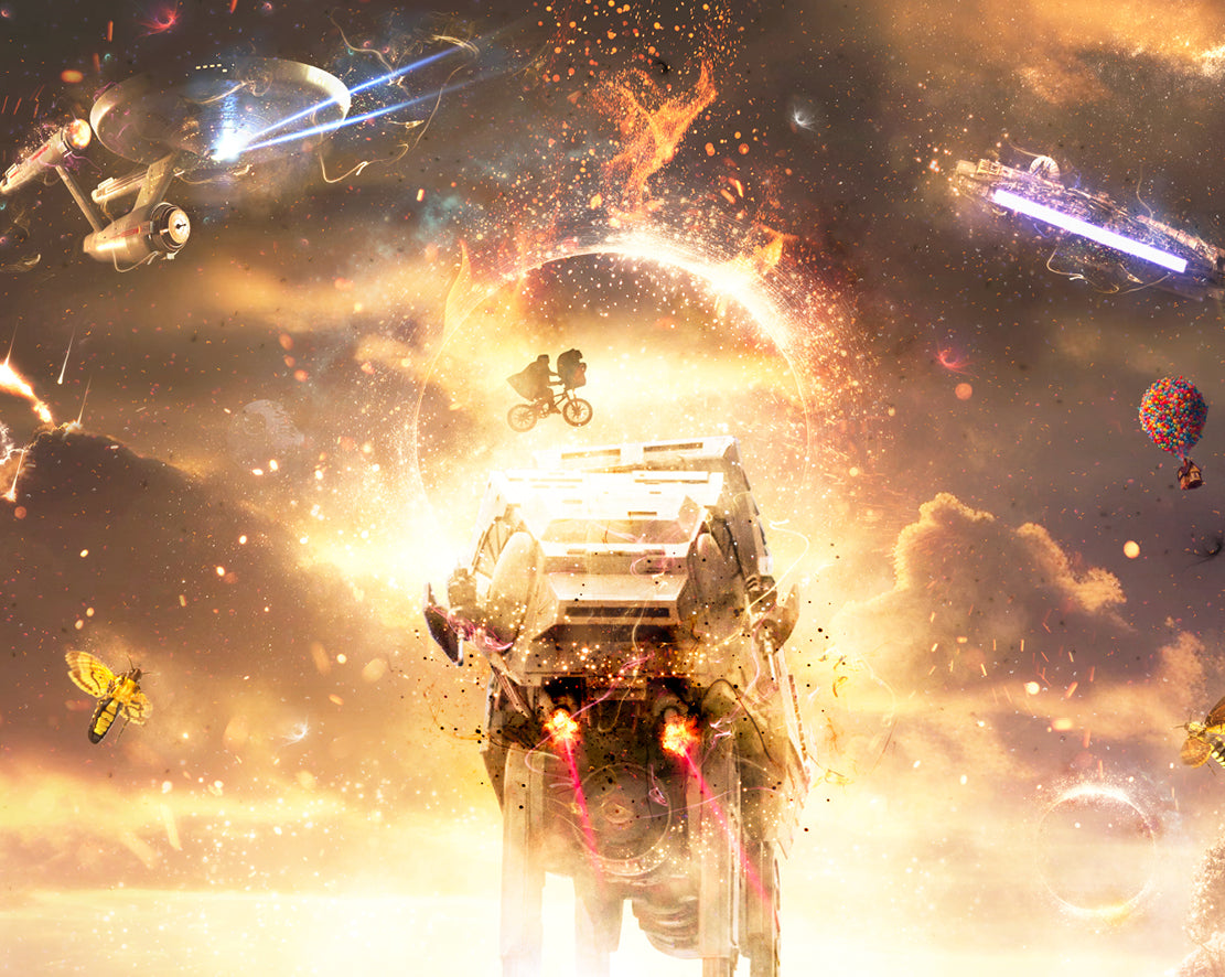Limited edition panoramic print by Mark Davies, vivid cinematic mash-up with fiery skies, spacecraft, film characters and vehicles.