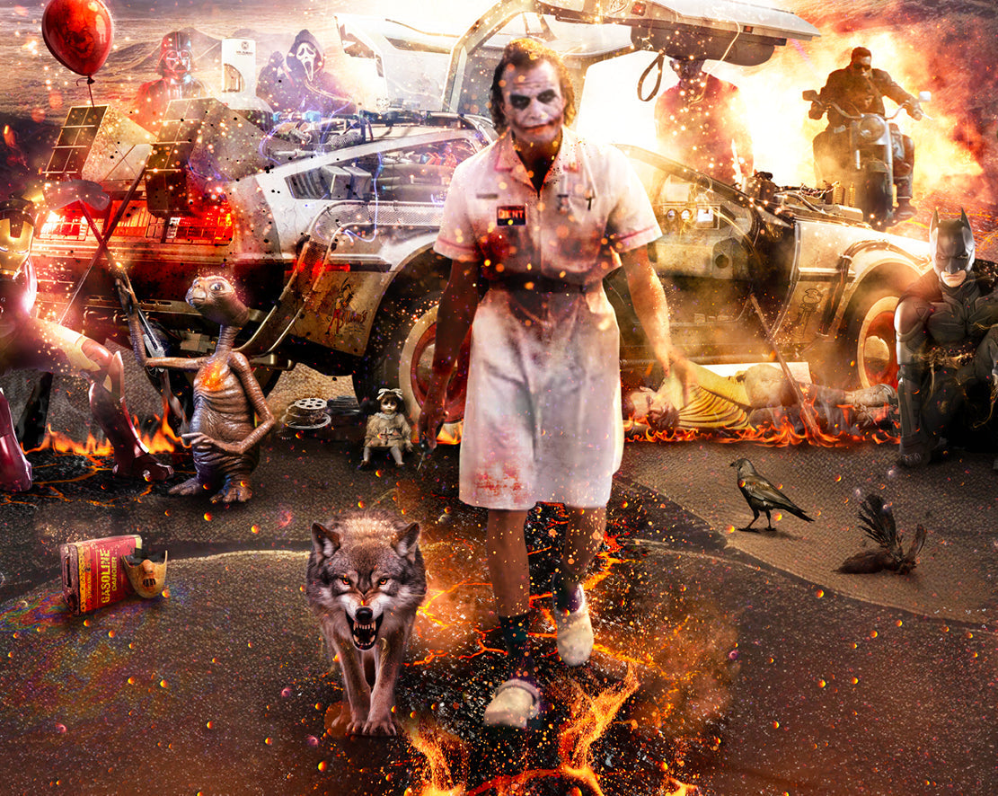 Limited edition panoramic print by Mark Davies, vivid cinematic mash-up with fiery skies, spacecraft, film characters and vehicles.