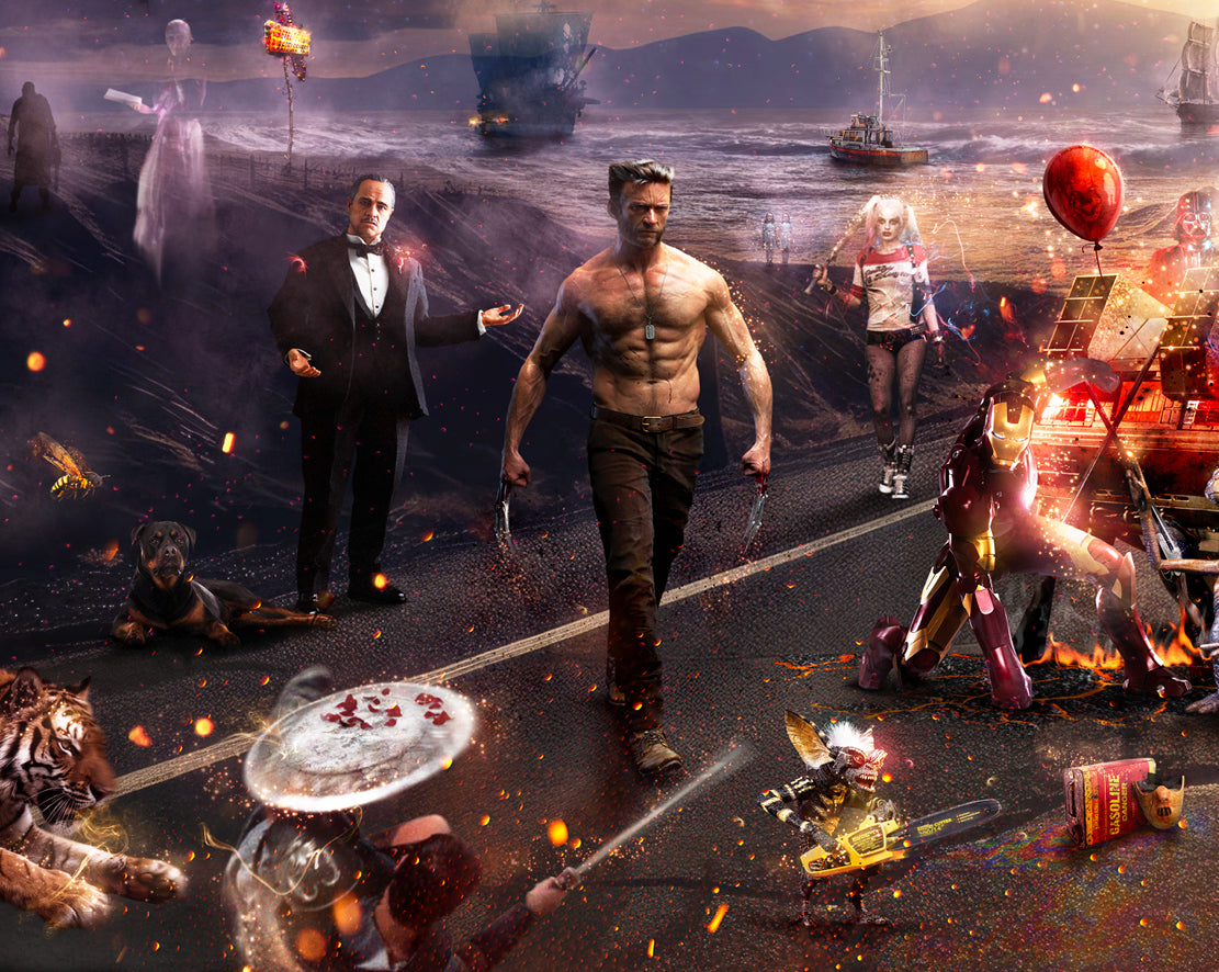 Limited edition panoramic print by Mark Davies, vivid cinematic mash-up with fiery skies, spacecraft, film characters and vehicles.