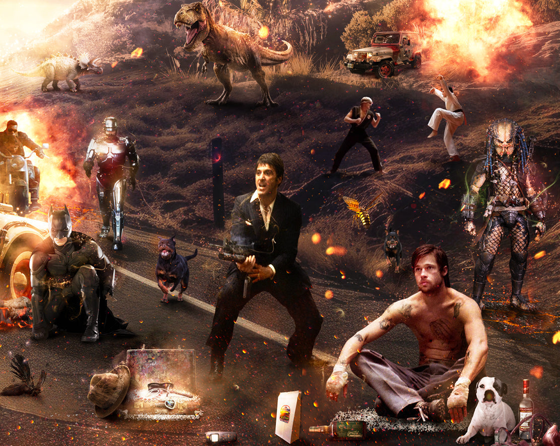 Limited edition panoramic print by Mark Davies, vivid cinematic mash-up with fiery skies, spacecraft, film characters and vehicles.
