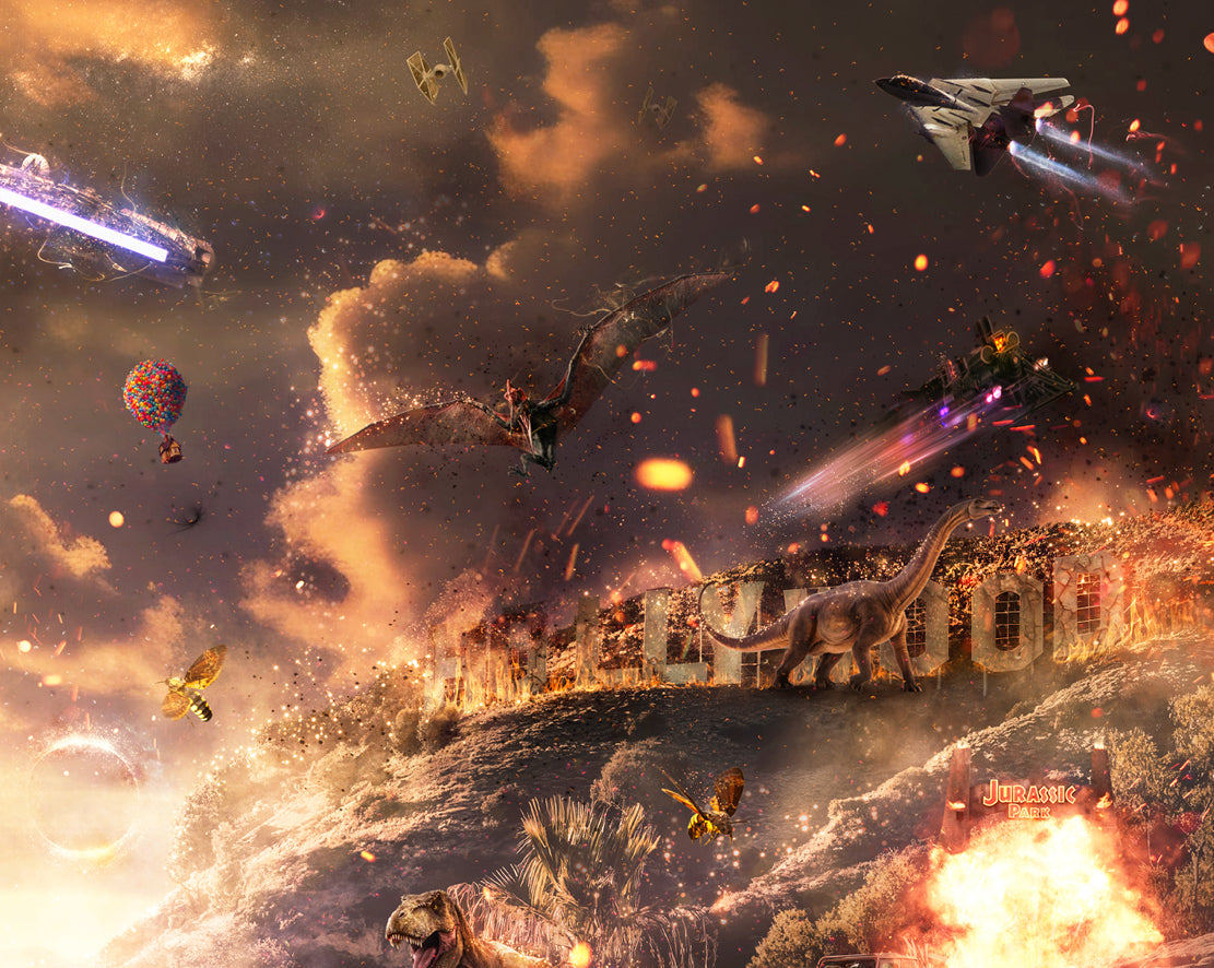 Limited edition panoramic print by Mark Davies, vivid cinematic mash-up with fiery skies, spacecraft, film characters and vehicles.