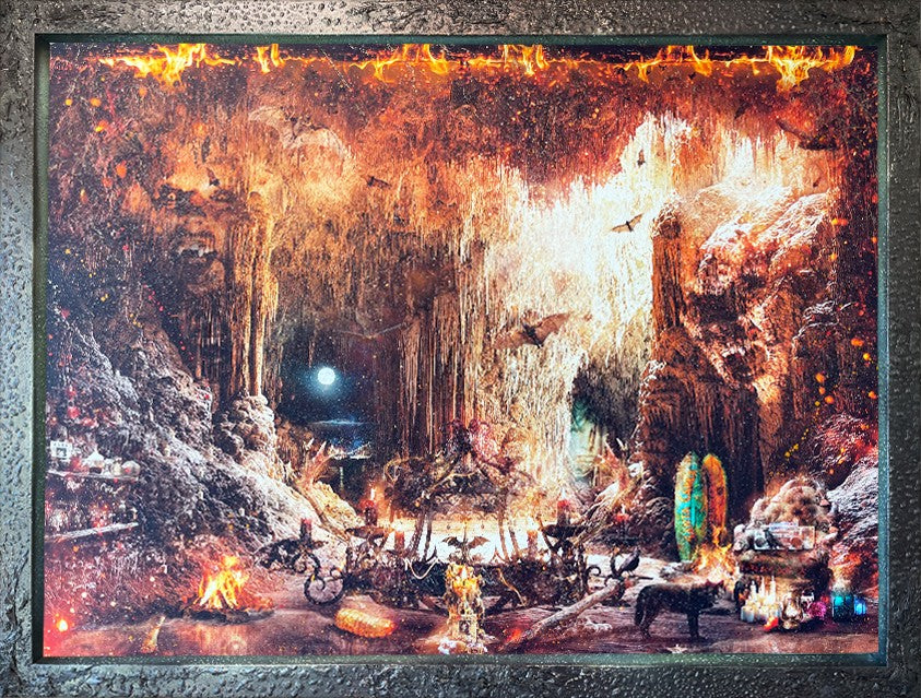 Mixed media canvas artwork by Mark Davies, depicting a fiery cavern with a moonlit sky, chandelier and vivid green accents, in a dark ornate frame.
