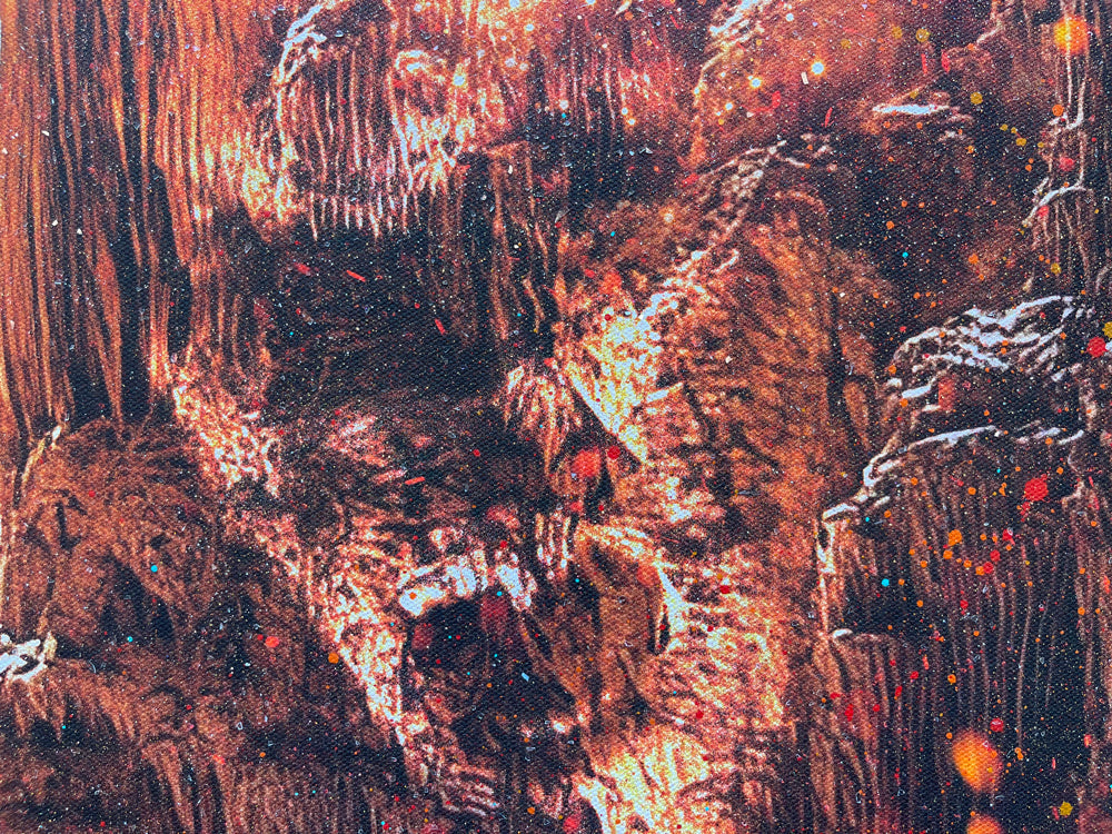 Mixed media canvas artwork by Mark Davies, depicting a fiery cavern with a moonlit sky, chandelier and vivid green accents, in a dark ornate frame.