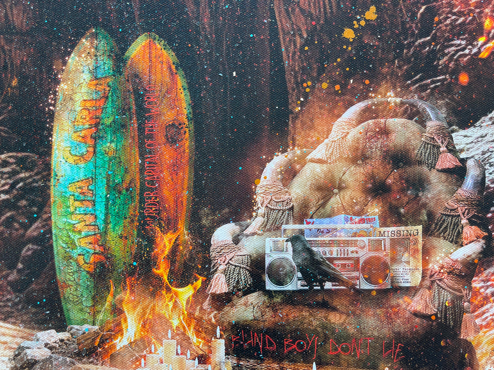 Mixed media canvas artwork by Mark Davies, depicting a fiery cavern with a moonlit sky, chandelier and vivid green accents, in a dark ornate frame.