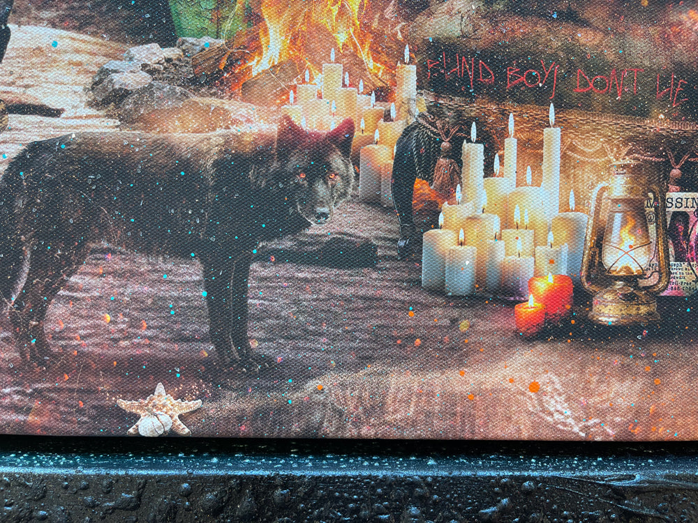 Mixed media canvas artwork by Mark Davies, depicting a fiery cavern with a moonlit sky, chandelier and vivid green accents, in a dark ornate frame.