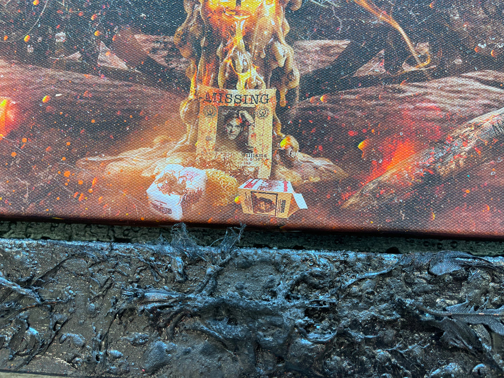 Mixed media canvas artwork by Mark Davies, depicting a fiery cavern with a moonlit sky, chandelier and vivid green accents, in a dark ornate frame.