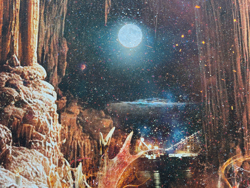 Mixed media canvas artwork by Mark Davies, depicting a fiery cavern with a moonlit sky, chandelier and vivid green accents, in a dark ornate frame.