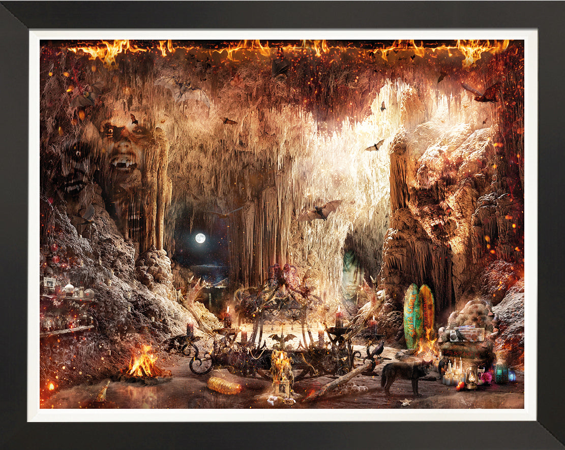 Limited edition Mark Davies art print of a fiery vampire lair, with a moonlit cavern, fallen chandelier and hidden figures.
