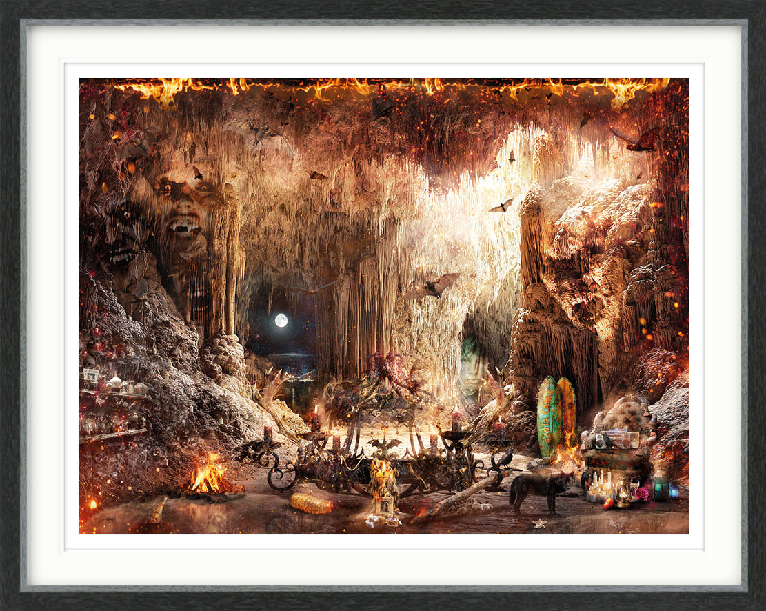 Limited edition Mark Davies art print of a fiery vampire lair, with a moonlit cavern, fallen chandelier and hidden figures.