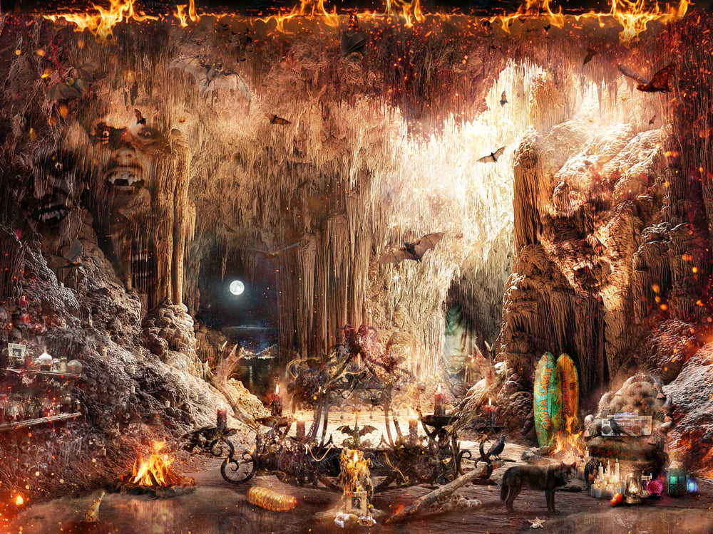 Limited edition Mark Davies art print of a fiery vampire lair, with a moonlit cavern, fallen chandelier and hidden figures.