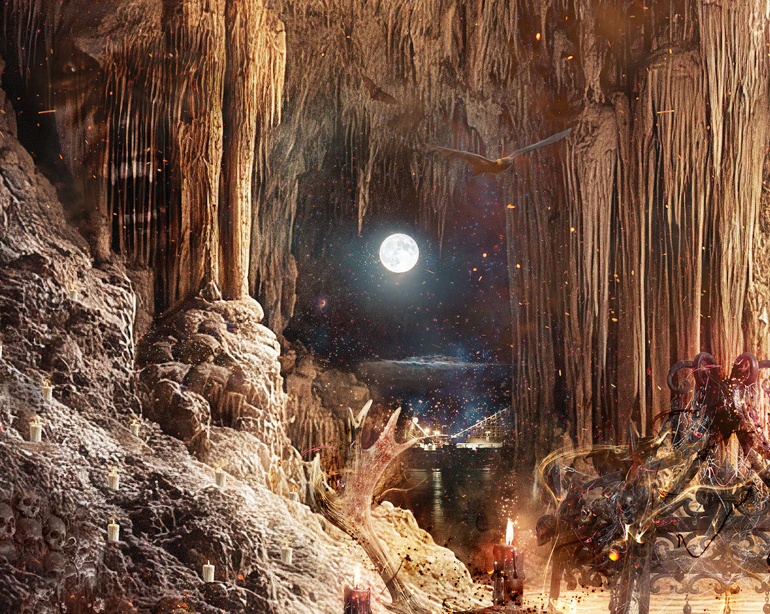 Limited edition Mark Davies art print of a fiery vampire lair, with a moonlit cavern, fallen chandelier and hidden figures.