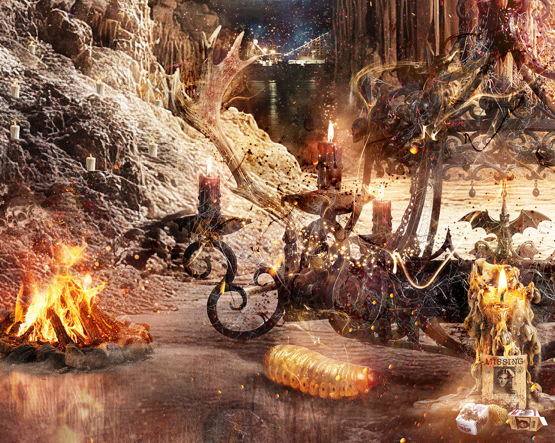 Limited edition Mark Davies art print of a fiery vampire lair, with a moonlit cavern, fallen chandelier and hidden figures.
