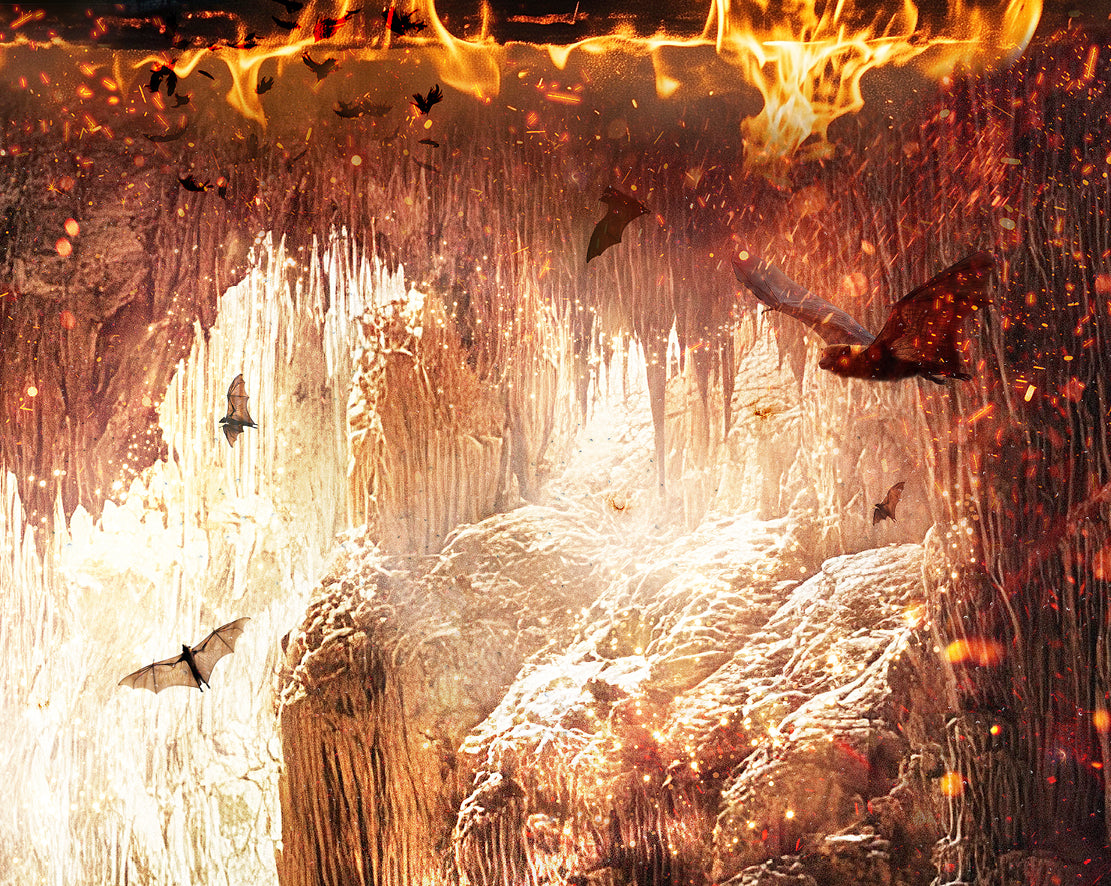 Limited edition Mark Davies art print of a fiery vampire lair, with a moonlit cavern, fallen chandelier and hidden figures.